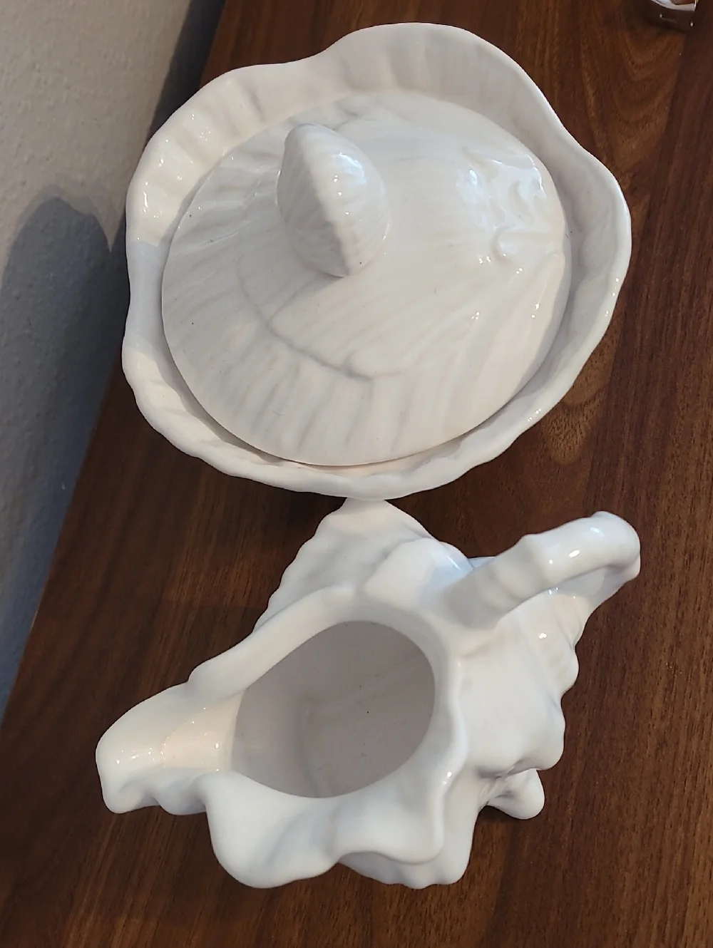 Olfaire White Ceramic Conch Shell Creamer & Sugar Set Coastal Nautical Portugal